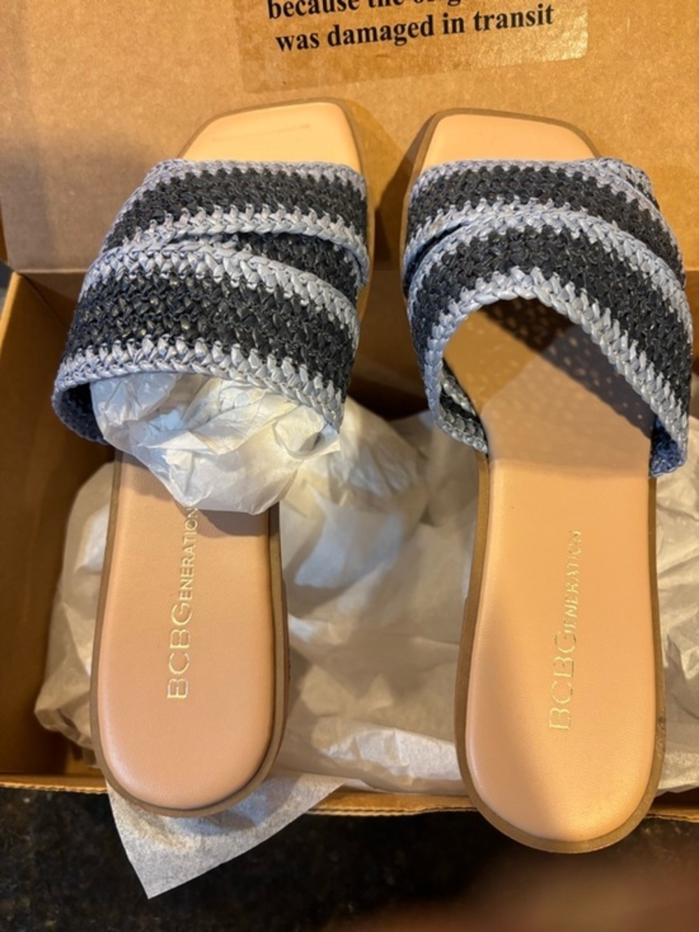 BCBGeneration Blue and Gray Woven Slide Mules with Tan Footbed